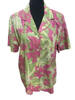 Erika Vintage Green & Pink Floral Button-Down Cotton Hawaiian Shirt Size Large